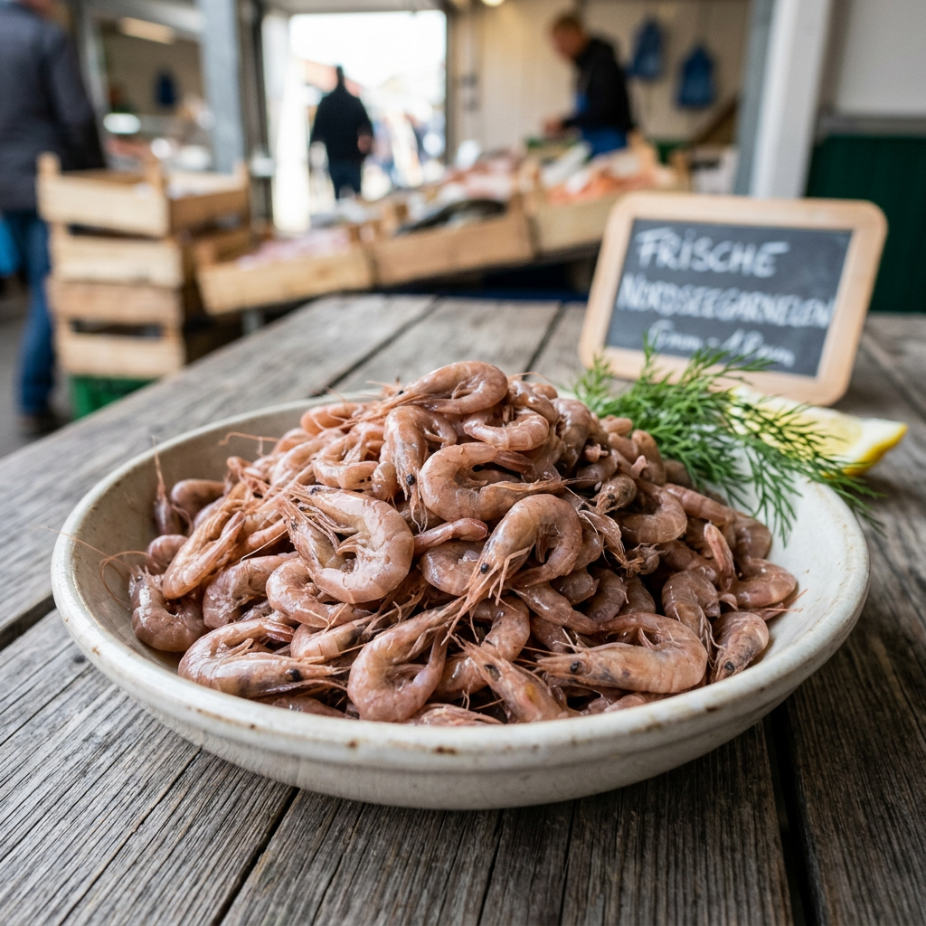 Bowl of fresh North Sea shrimp with dill and lemon on wooden table